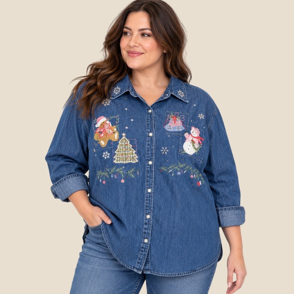 White Stag Denim Christmas Embroidered Button Down Shirt Plus Women's 22W/24W